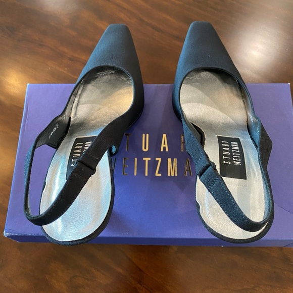 Stuart Weitzman Black Satin Slingbacks with Crystal Rhinestone Studded Heels - Picture 8 of 15